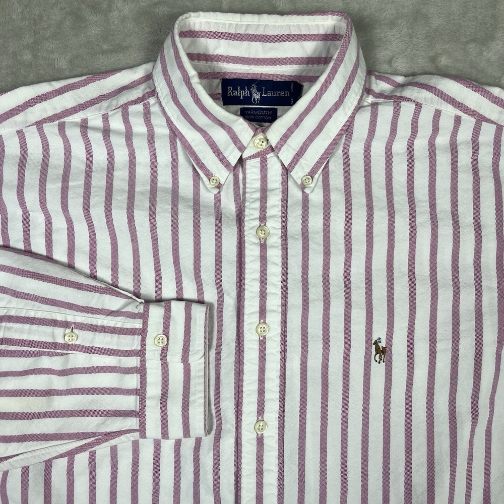 VTG Ralph Lauren Dress Shirt Mens 17/35 XL Pink Striped Yarmouth Flesh Pony